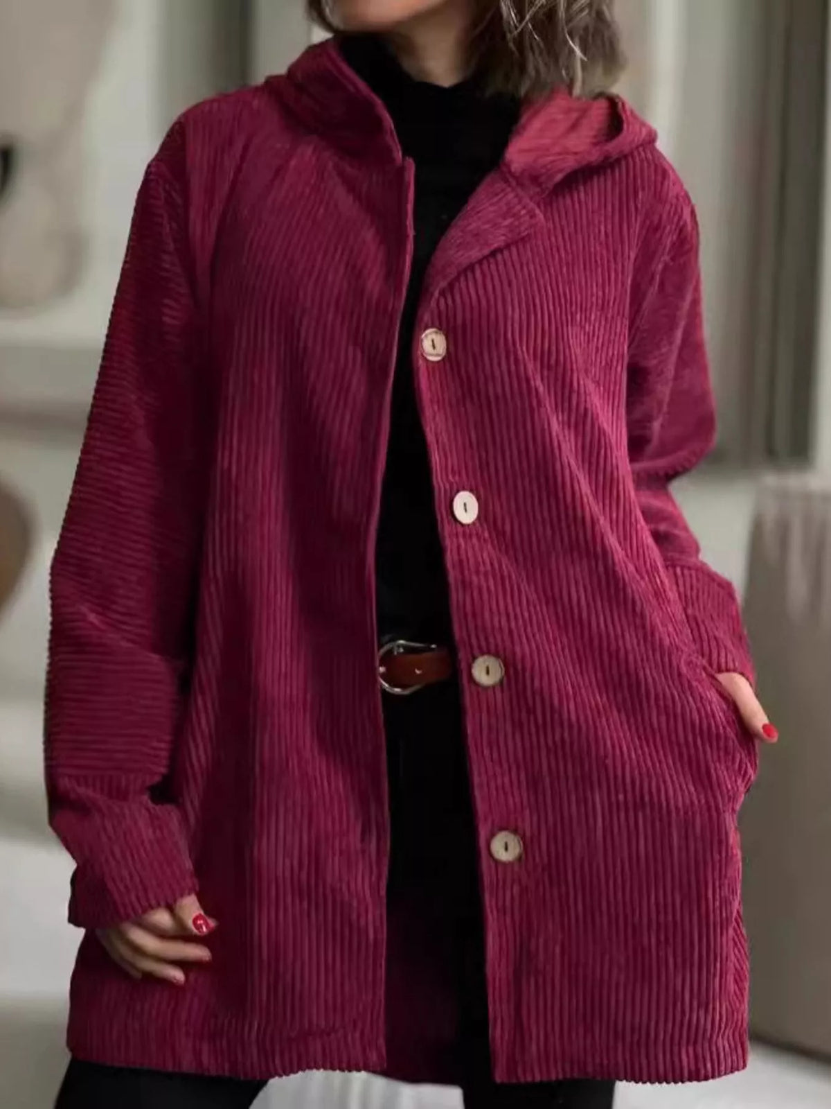 Full Size Corduroy Button Up Hooded Jacket Plus (10)