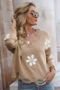 Flower Distressed Ribbed Trim Sweater (16)