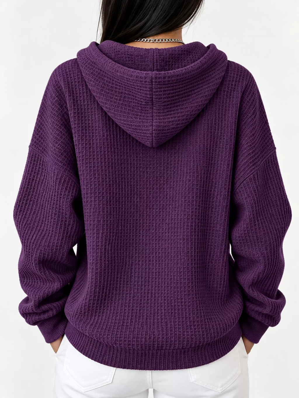 Full Size Waffle Knit Button Detail Hoodie Plus (42)