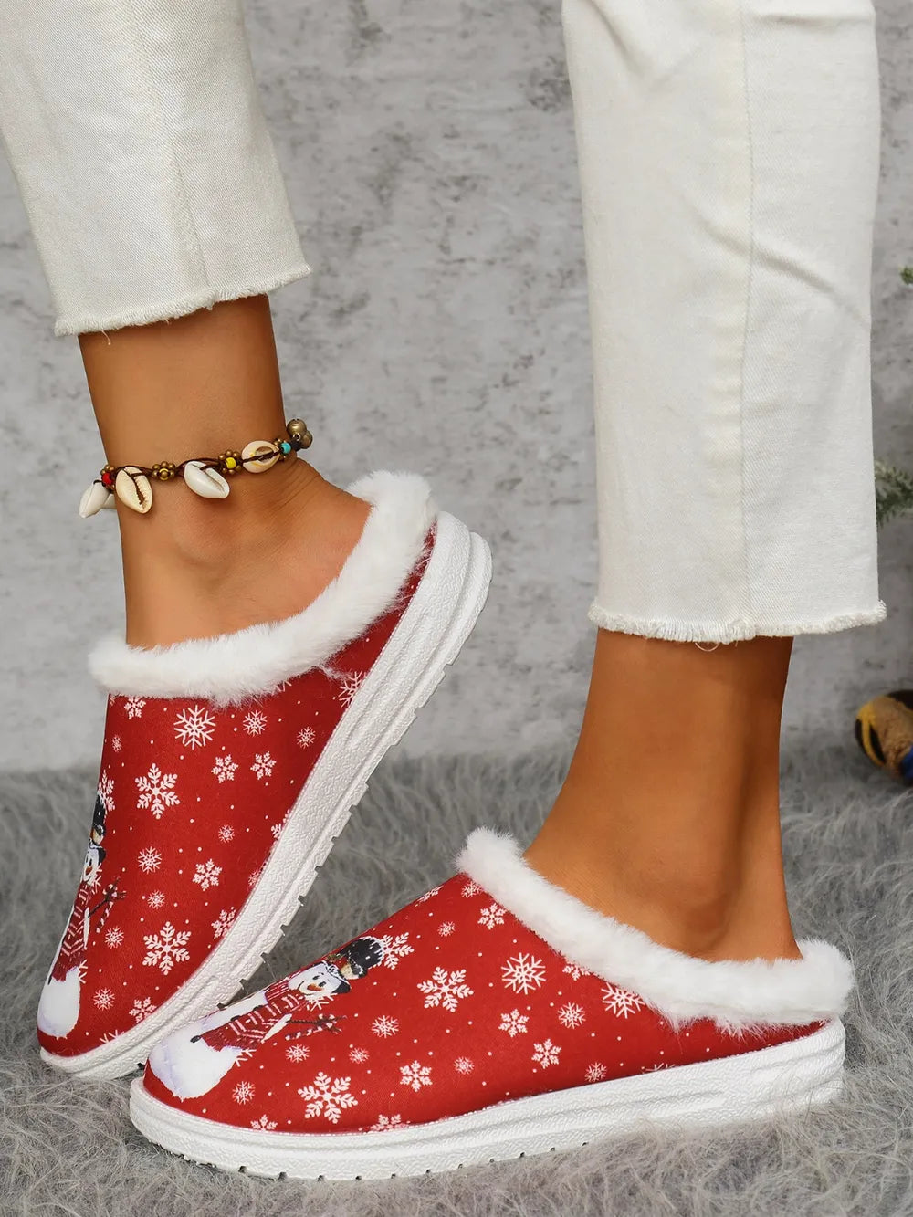 Snowman Print Flat Slippers Faux Fur (9)