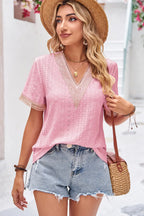 Eyelet V-neck Short Sleeve T-shirt (4)
