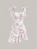 Ruffled Hem Floral Tie-strap Mini Dress