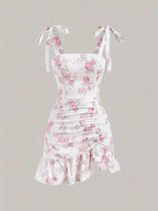 Ruffled Hem Floral Tie-strap Mini Dress