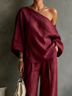 One Shoulder Top Wide Leg Pants Set (16)