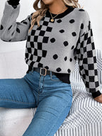 Plaid Round Neck Long Sleeve Sweater (4)