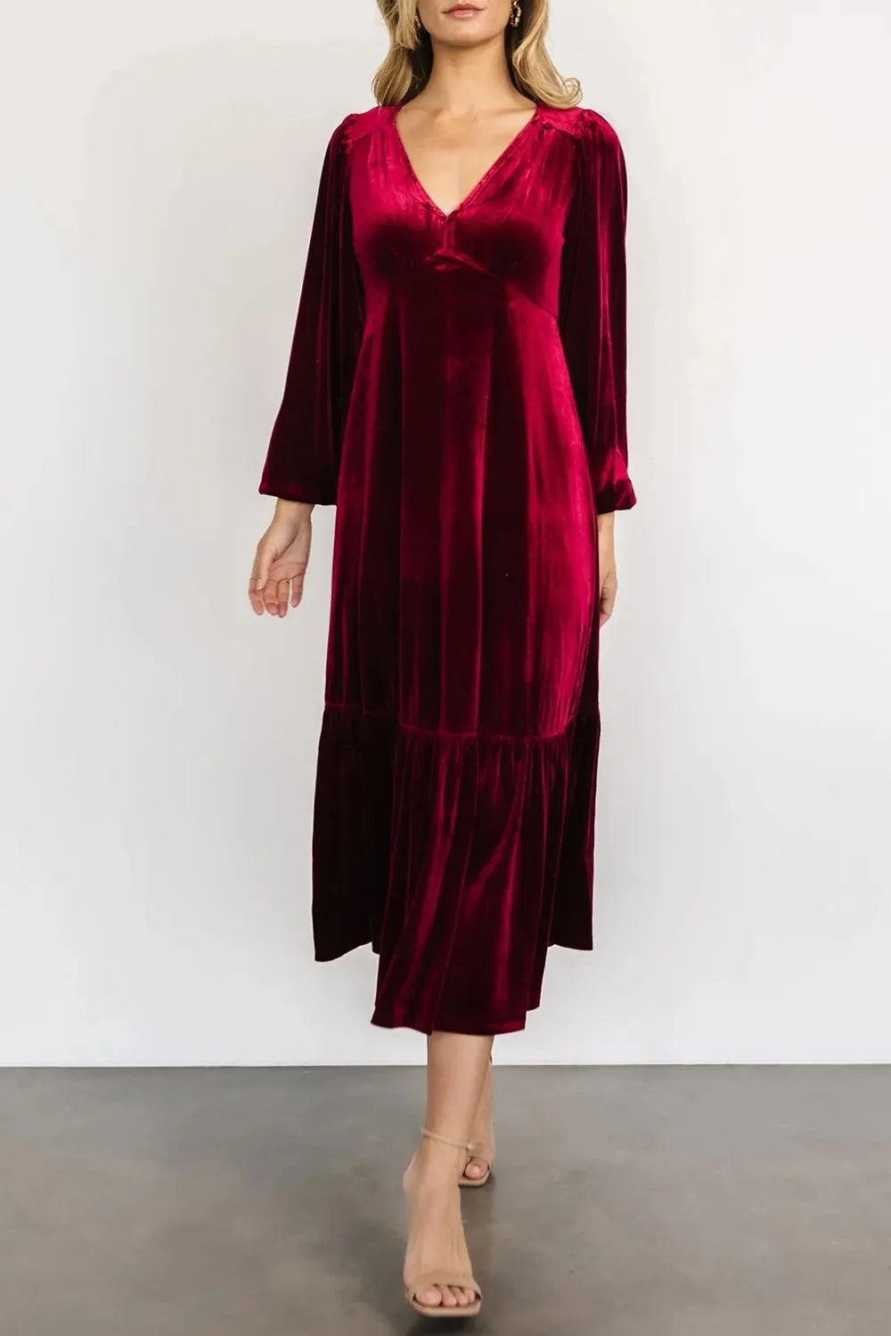 V-neck Long Sleeve Midi Velvet Dress (18)