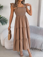 Smocked Square Neck Cap Sleeve Midi Dress (26)