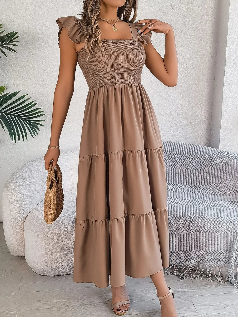 Smocked Square Neck Cap Sleeve Midi Dress (26)