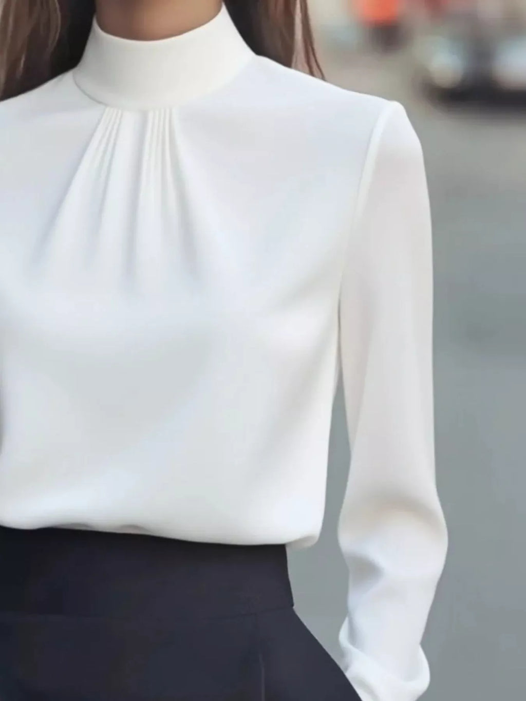 Mock Neck Long Sleeve Blouse Pleated Detail (12)