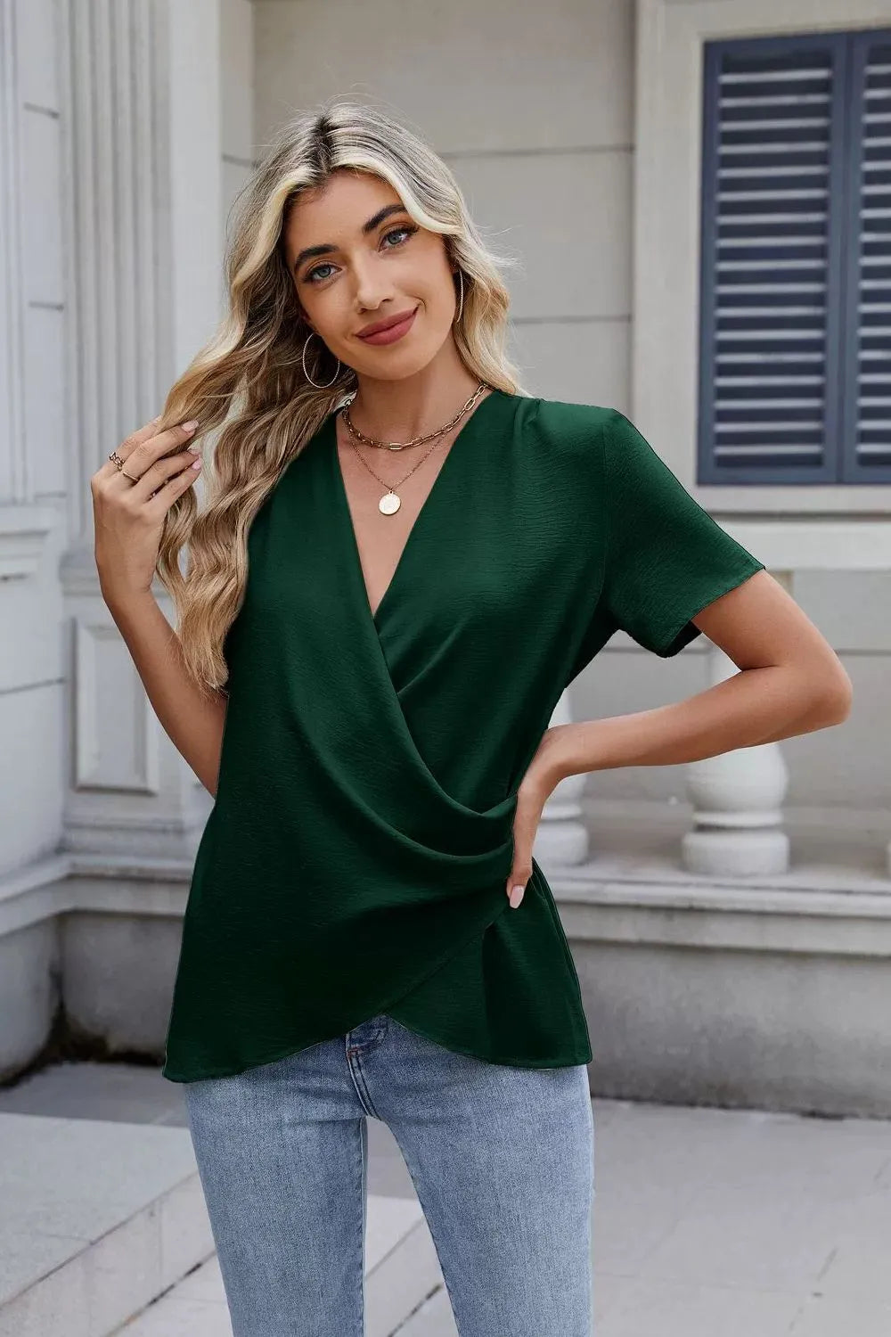 Solid Color Surplice Short Sleeve Blouse (13)