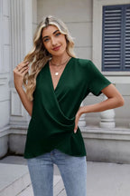 Solid Color Surplice Short Sleeve Blouse (13)