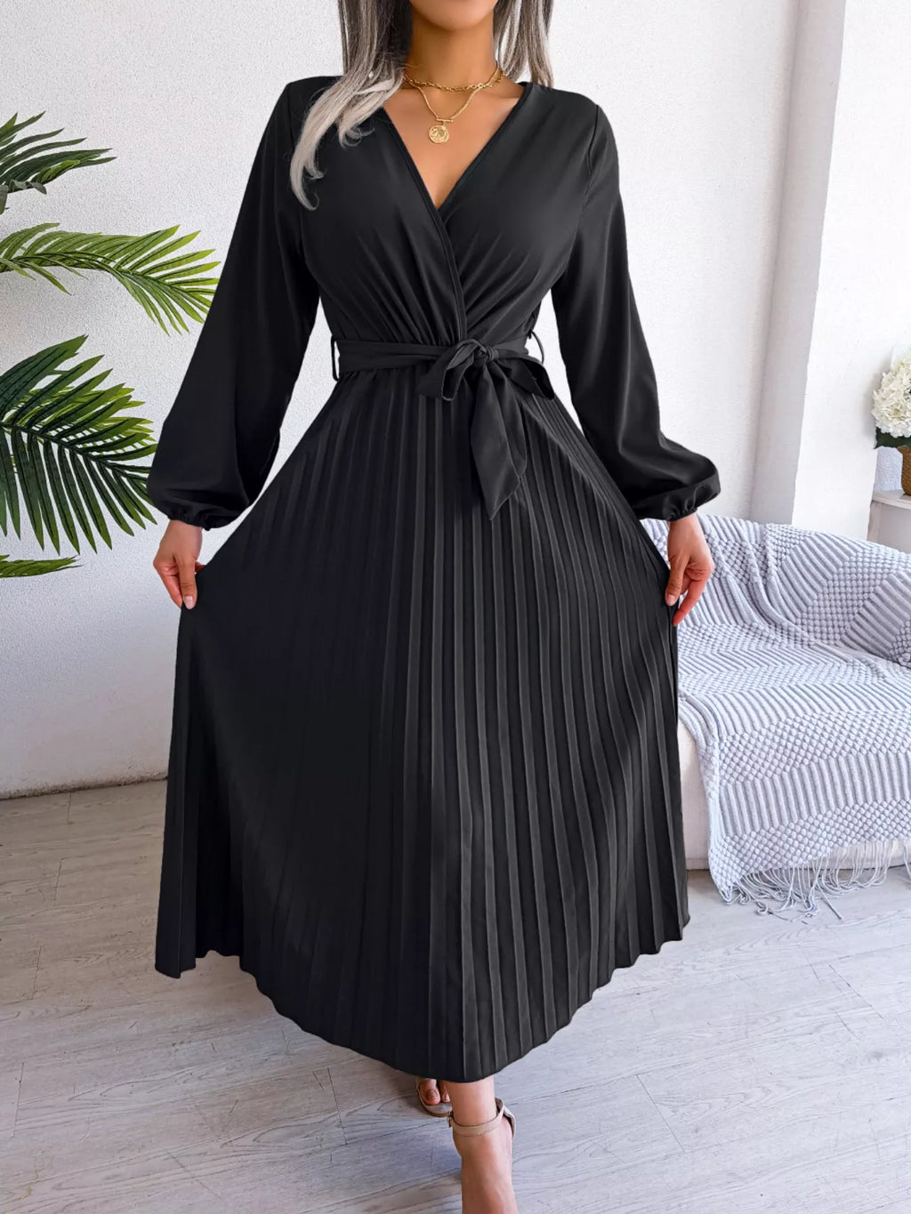 Elegant Pleated Front Tie Long Sleeve Dress (16)