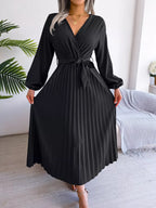 Elegant Pleated Front Tie Long Sleeve Dress (16)
