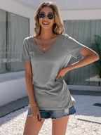 Lace Detail V-neck Short Sleeve T-shirt (2)
