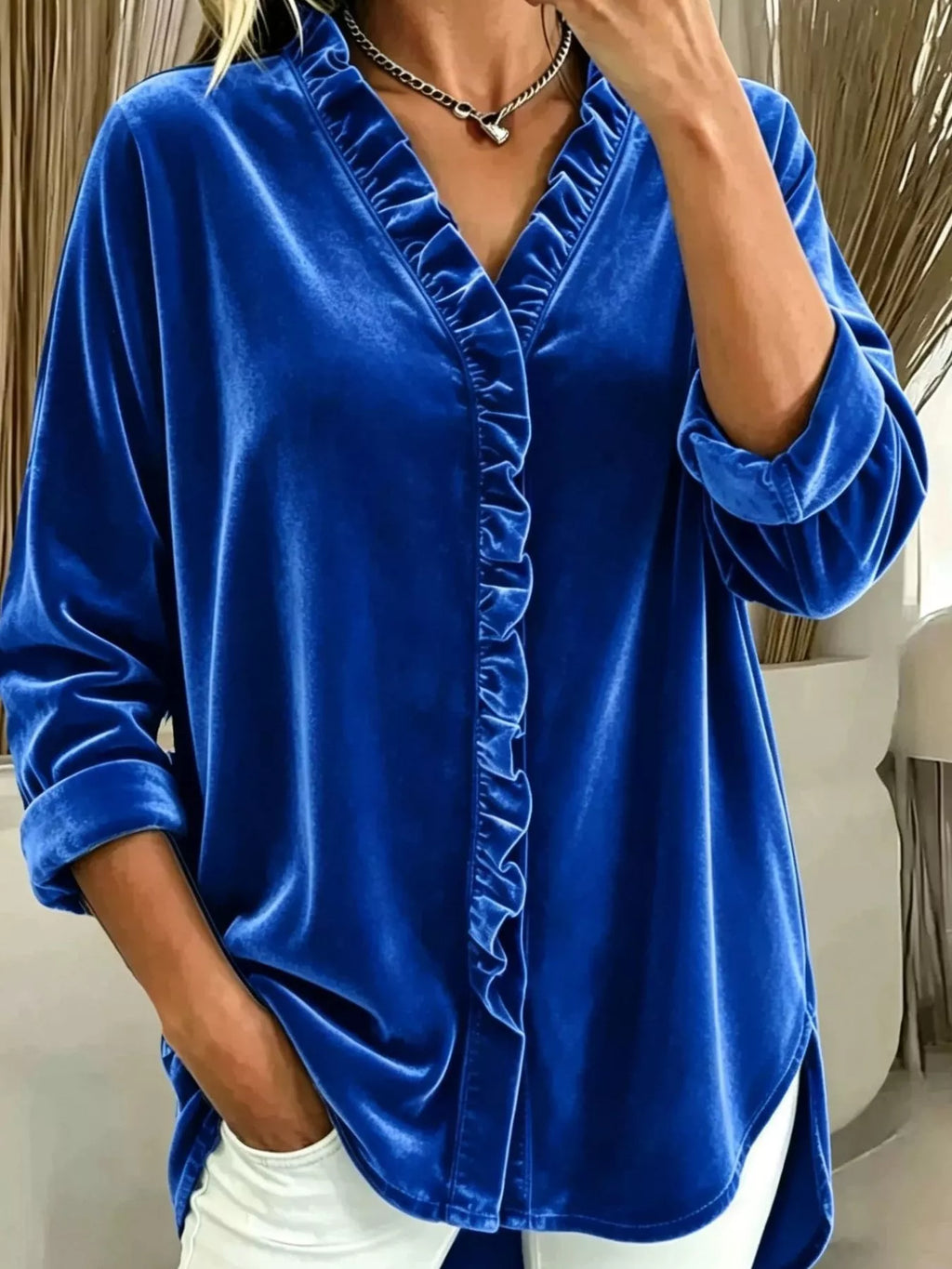Velvet Frill V-neck Blouse
