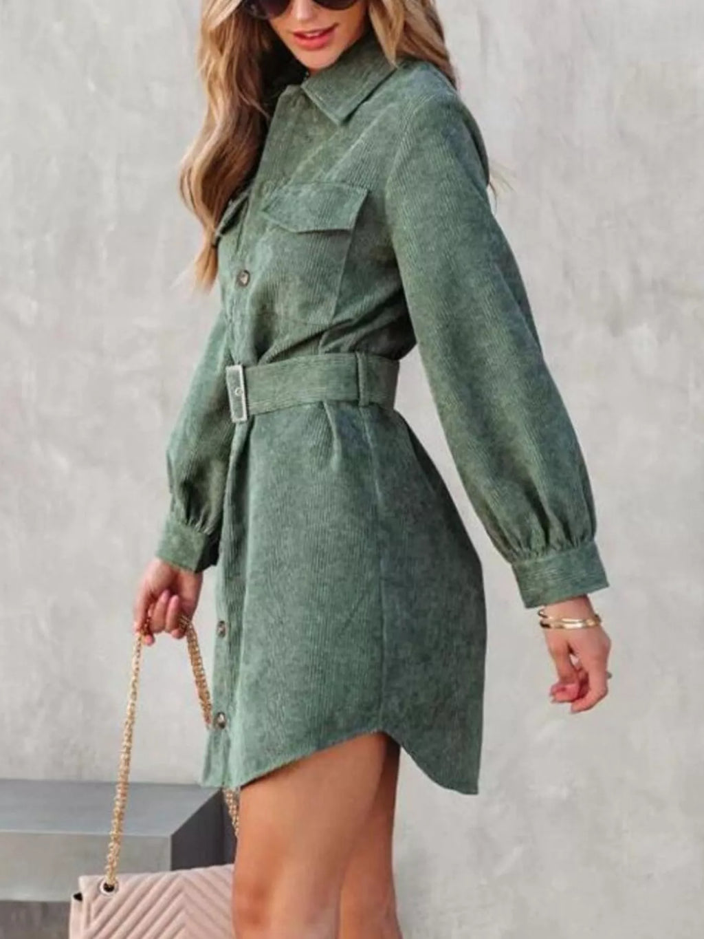 Button Front Belt Long Sleeve Corduroy Dress (14)