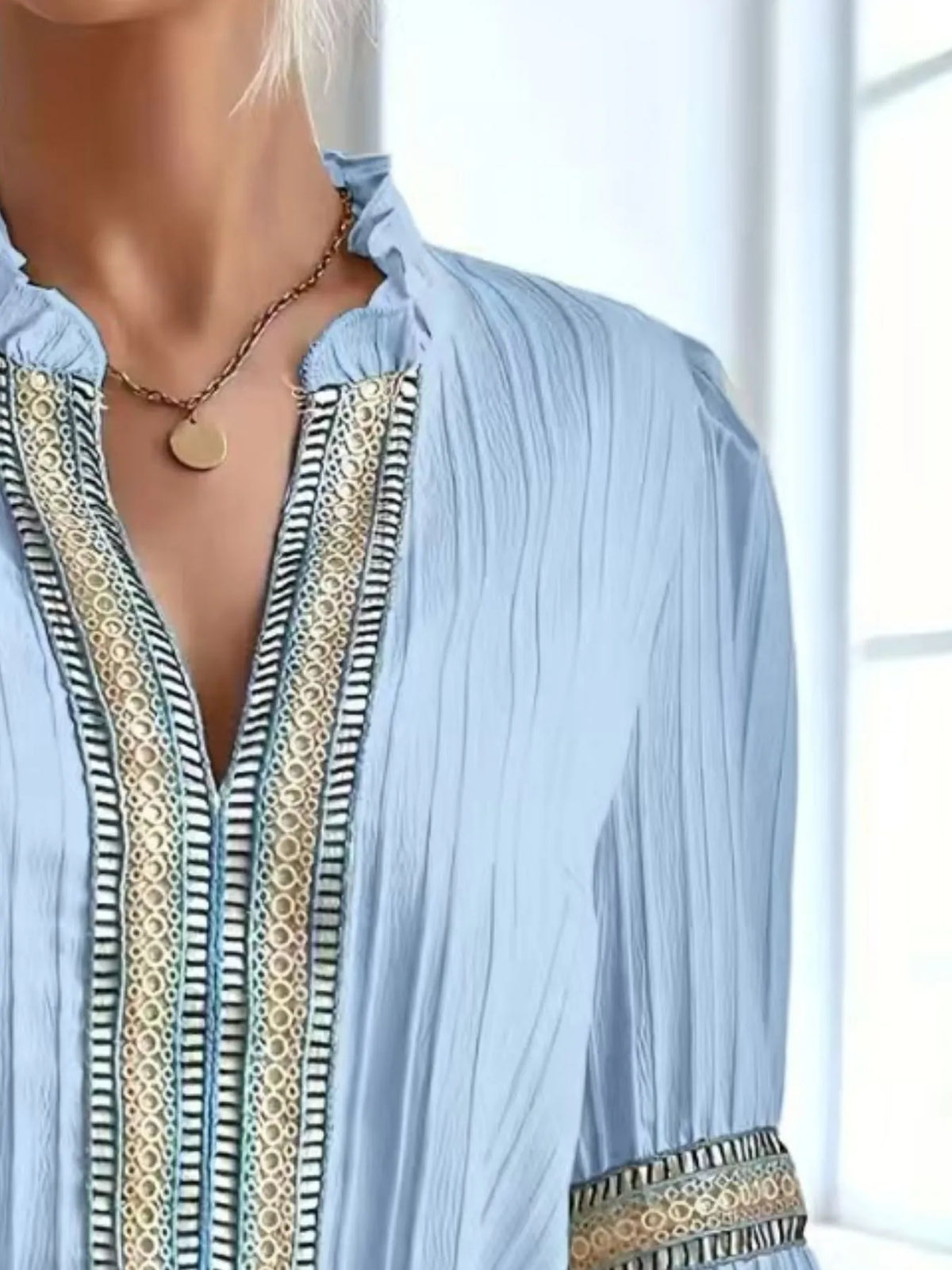 Notched Textured Balloon Sleeve Blouse (10)