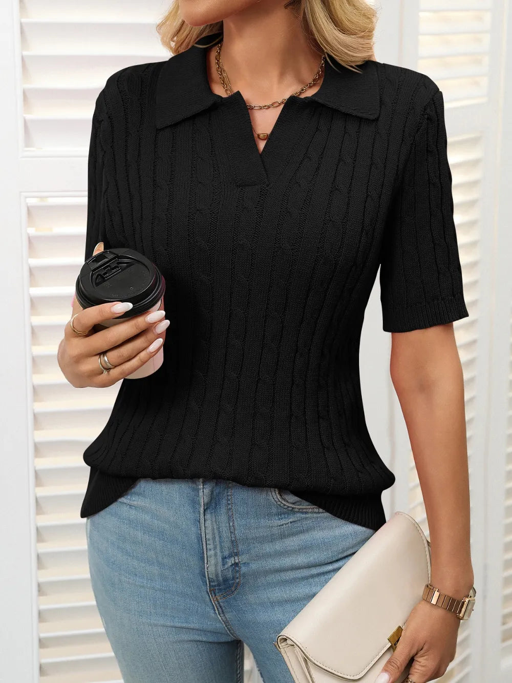 Cable Knit Johnny Collar Half Sleeve Sweater (29)
