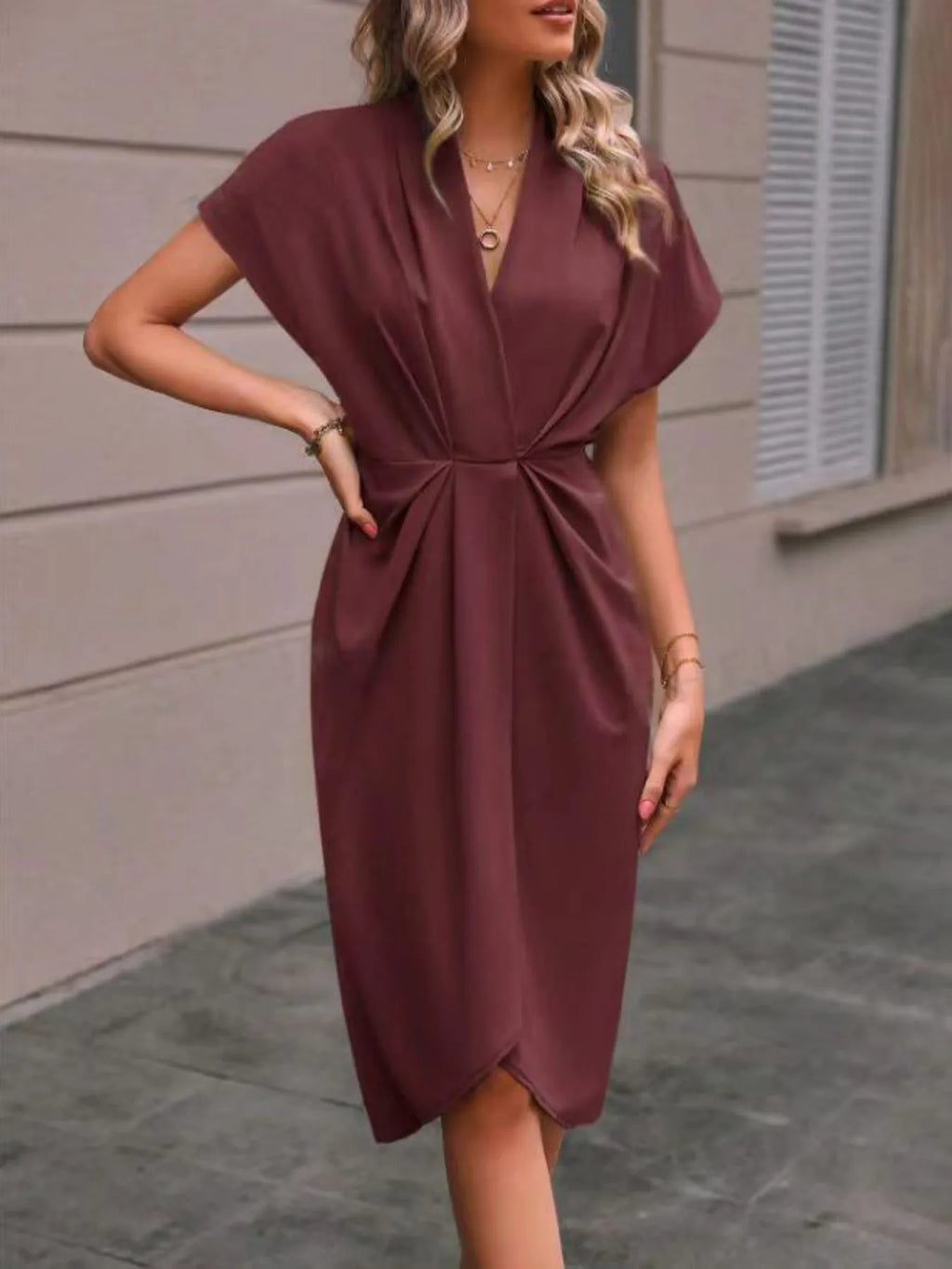 Ruched Surplice Short Sleeve Dress (6)