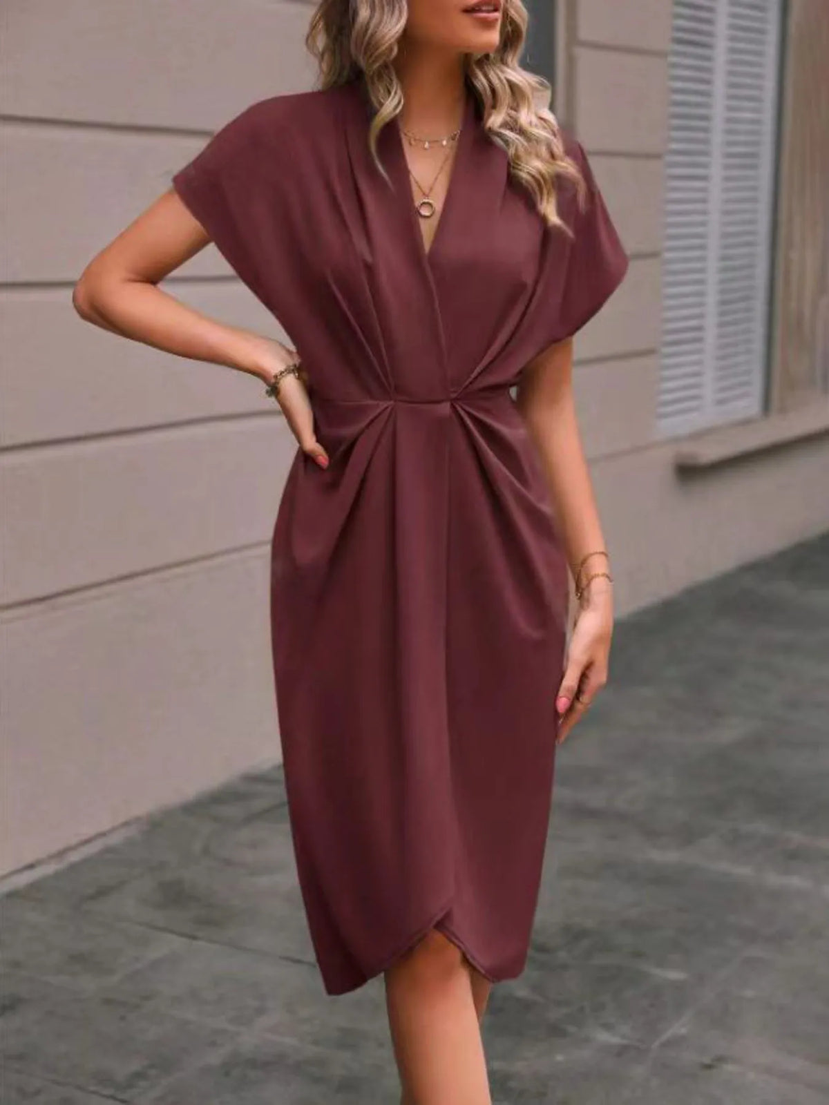 Ruched Surplice Short Sleeve Dress (6)