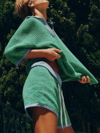 Collared Neck Contrast Striped Top Shorts Sweater Set (6)