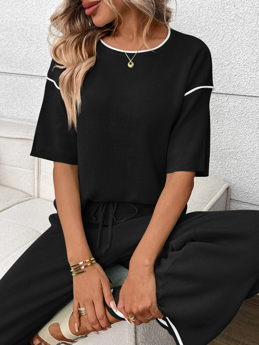 Round Neck Half Sleeve Top Pants Set (8)