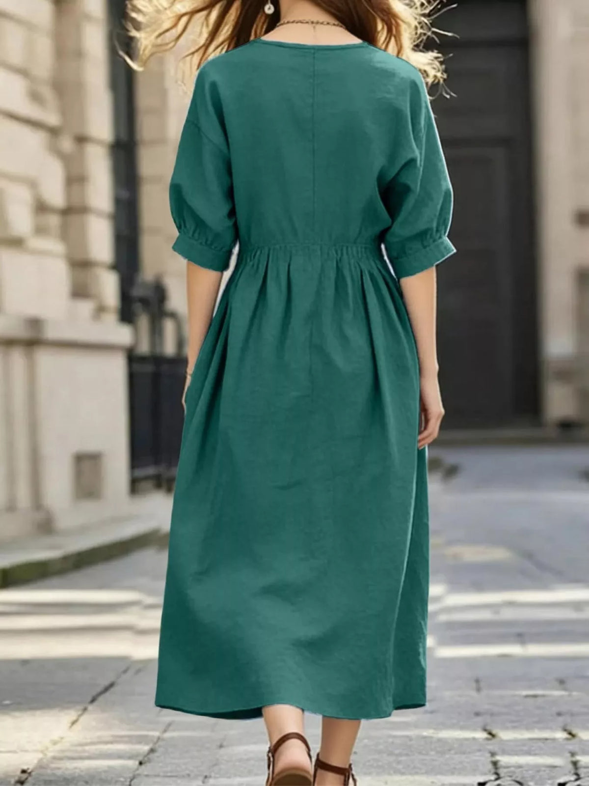 Notched Half Sleeve Midi Dress (6)