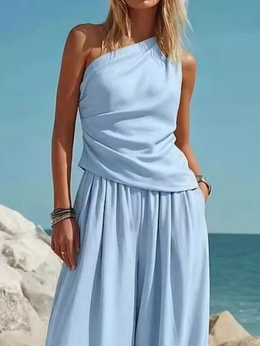 Full Size One-shoulder Top Wide Leg Pants Set Plus (3)