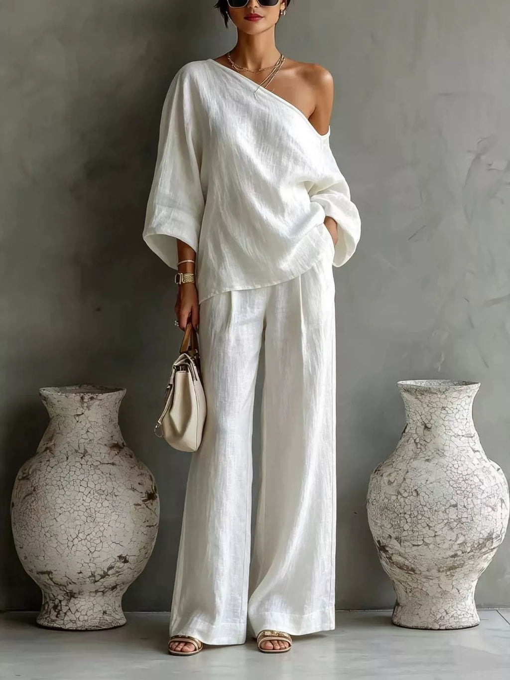 One Shoulder Top Wide Leg Pants Set