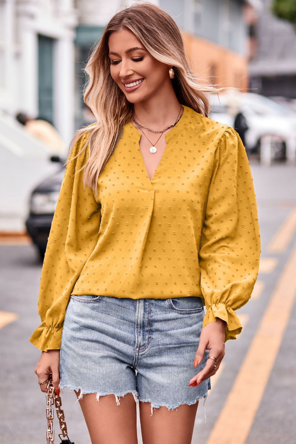 Swiss Dot Notched Neck Flounce Sleeve Blouse (14)