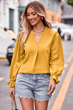 Swiss Dot Notched Neck Flounce Sleeve Blouse (14)