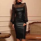 Black Mesh Stitching Tight Leather Skirt photo 4
