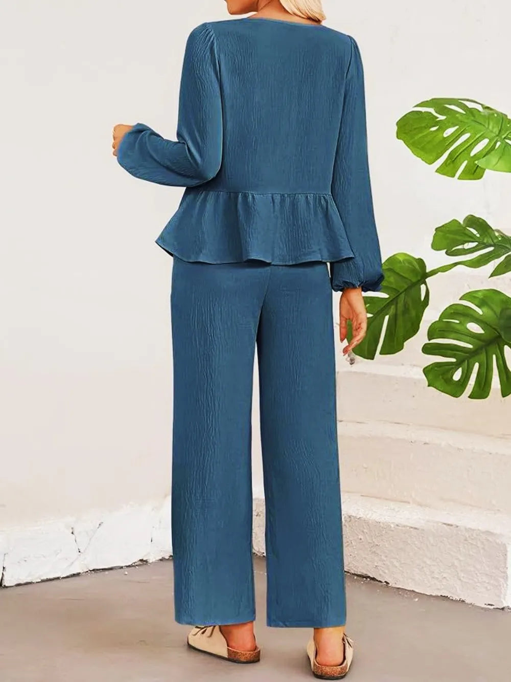 Tie Neck Balloon Sleeve Top Pants Set (14)