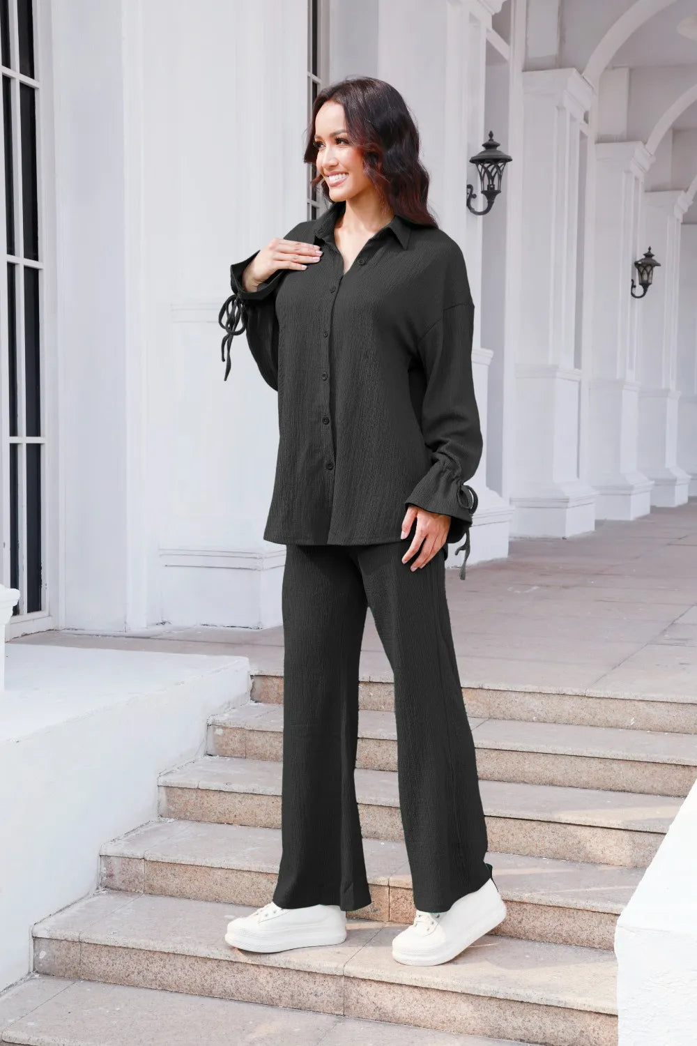 Drawstring Flounce Sleeve Shirt Pants Set (8)