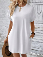 Round Neck Short Sleeve Mini Tee Dress Pockets (3)