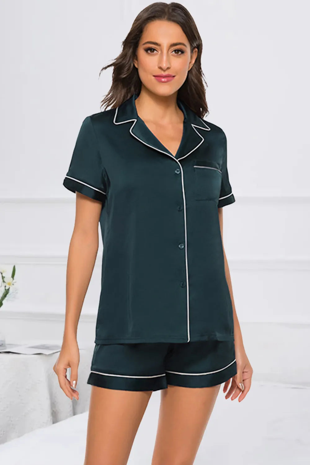 Printed Button Up Short Sleeve Top Shorts Lounge Set (28)