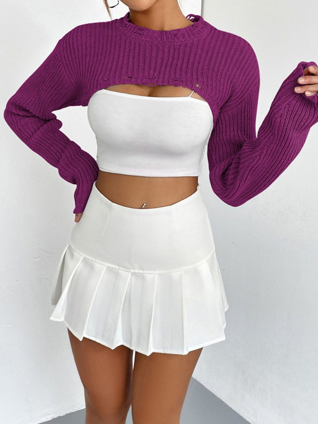 Distressed Long Sleeve Cropped Sweater (10)