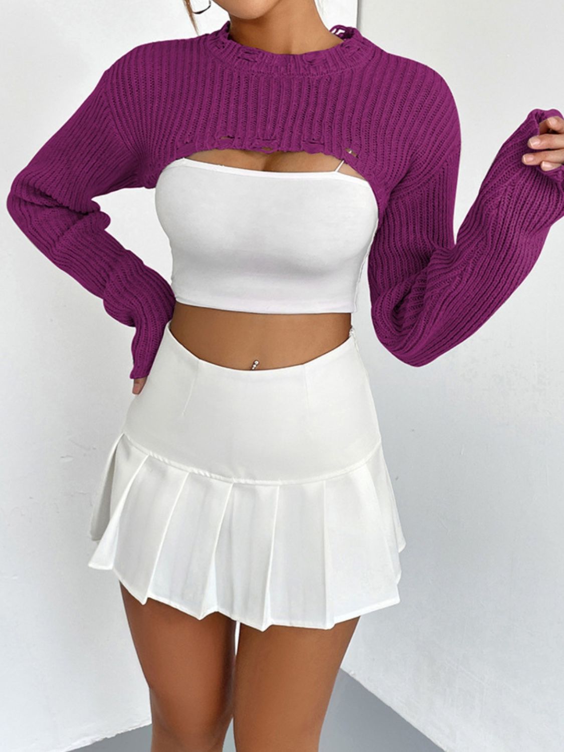 Distressed Long Sleeve Cropped Sweater (10)