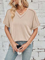 Cord Ribbed V-neck Short Sleeve T-shirt
