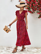 Printed Surplice Neck Flutter Sleeve Slit Dress (13)