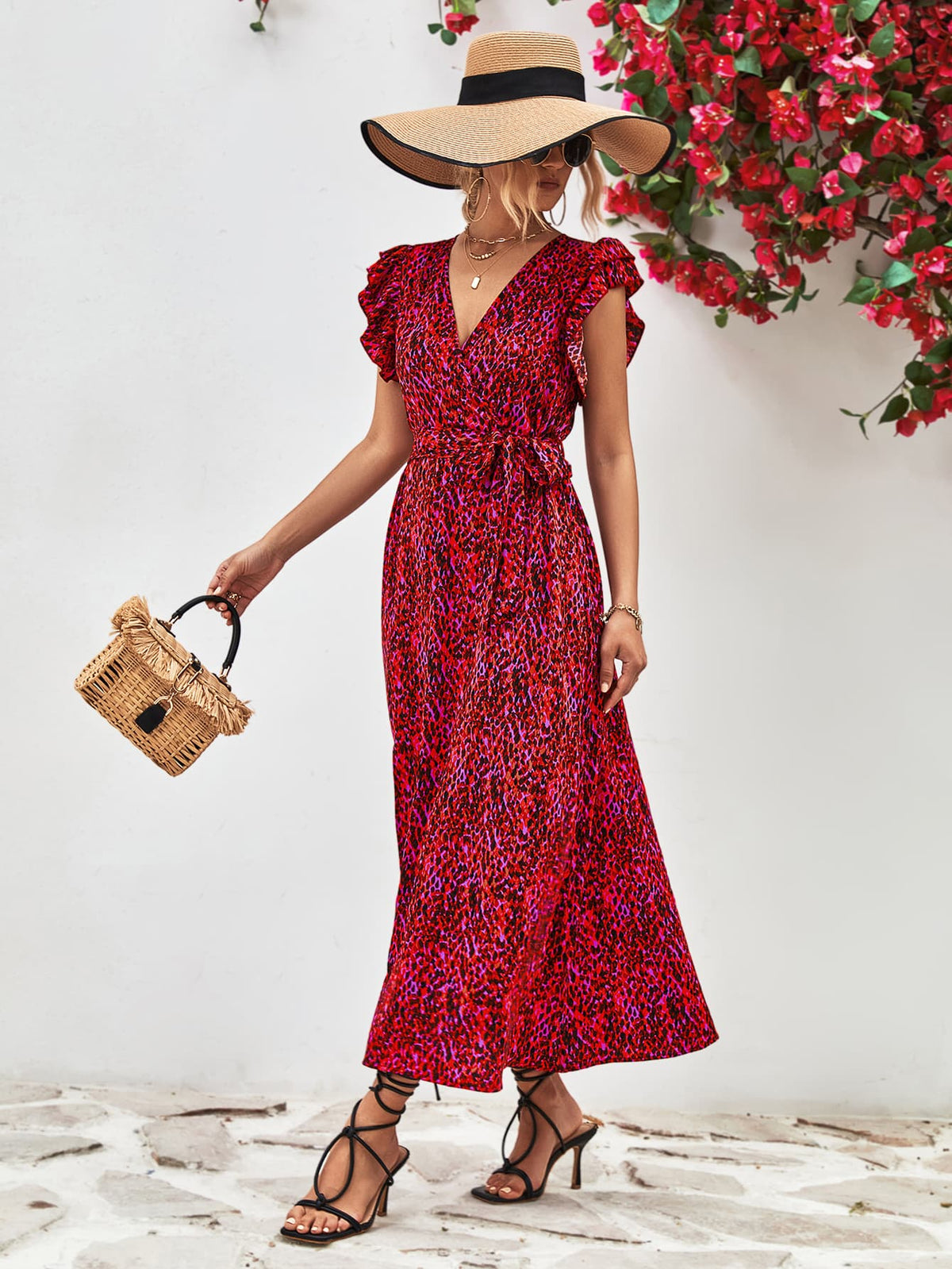 Printed Surplice Neck Flutter Sleeve Slit Dress (13)