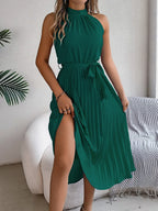 Grecian Neck Tie Waist Pleated Dress (8)