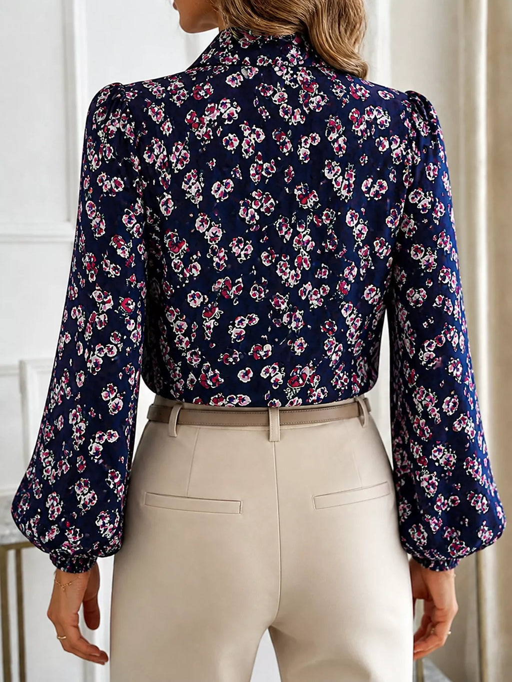 Printed Bow-tie Neck Long Sleeve Blouse (12)
