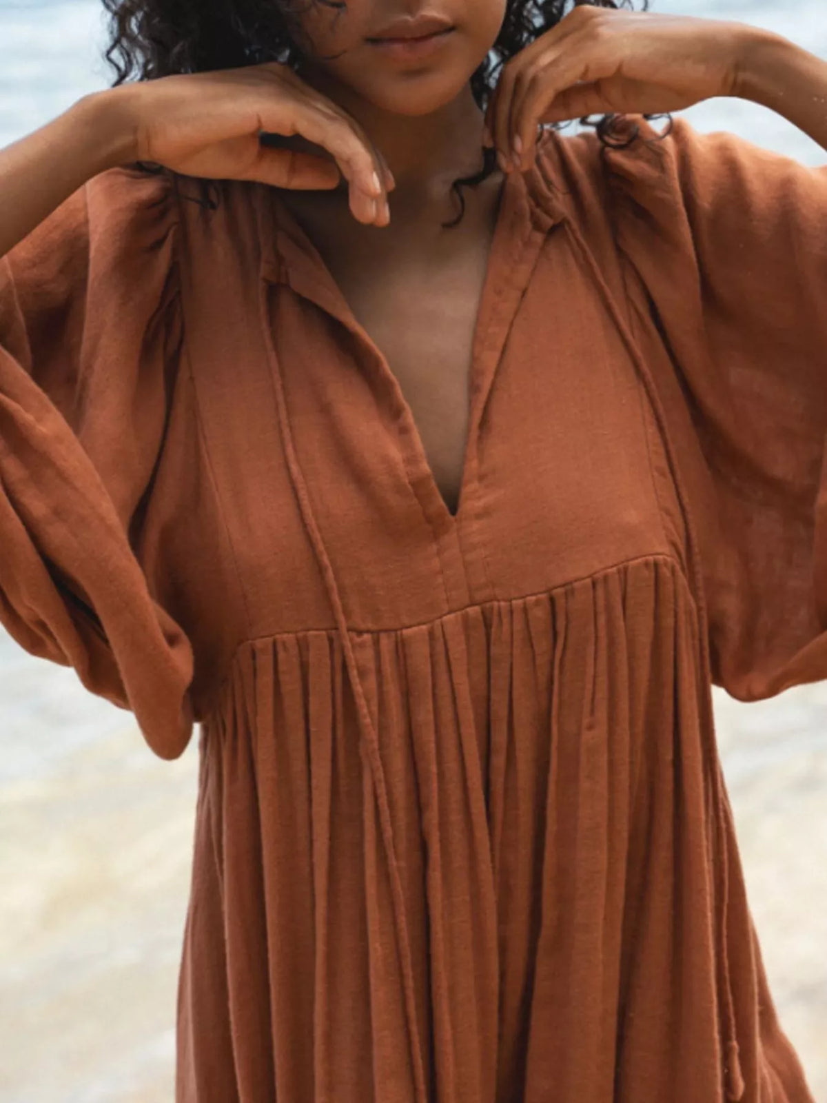 Tie Neck 3/4 Sleeve Midi Dress (7)