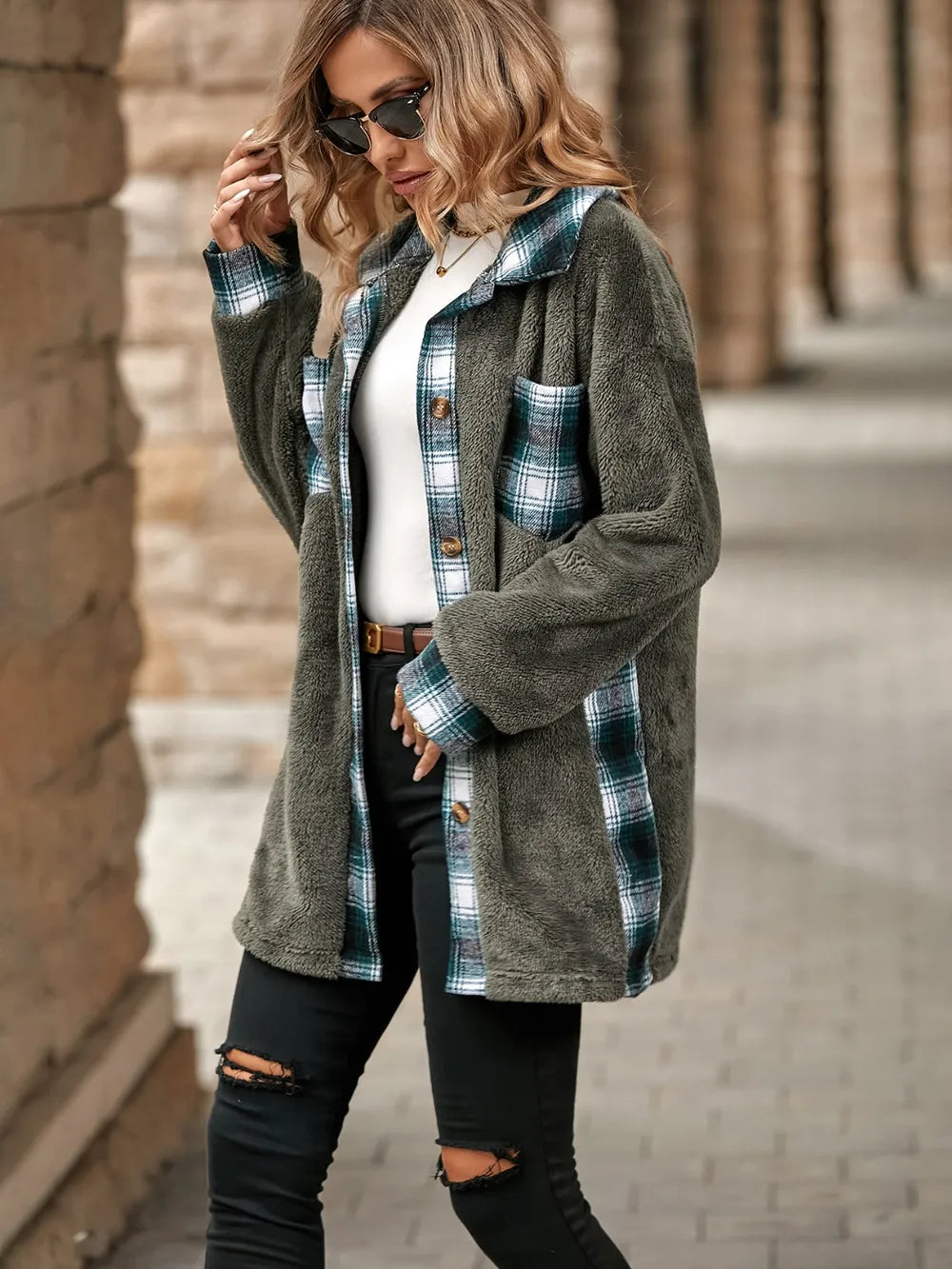 Plaid Contrast Dropped Shoulder Coat (11)
