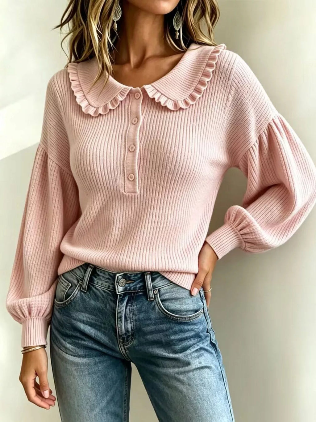 Full Size Ruffle Collar Button Detail Sweater Plus (8)