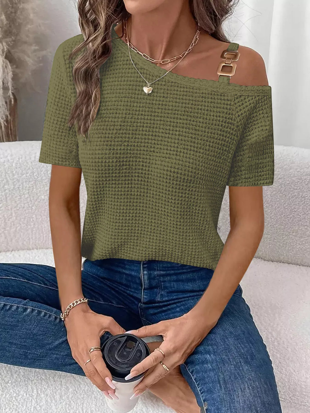 One-shoulder Chain Detail Waffle Knit T-shirt (10)