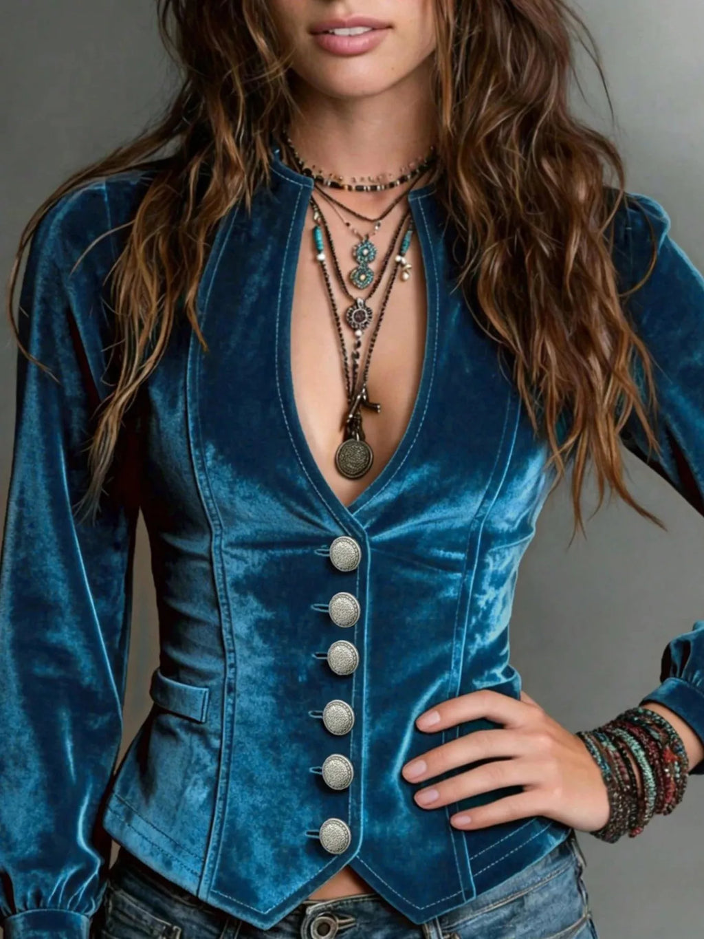 Button Down Plunge Velvet Shirt (6)