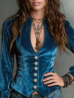 Button Down Plunge Velvet Shirt (6)