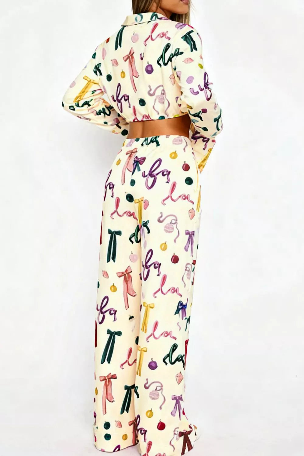 Bow Print Top Wide Leg Pants Lounge Set (15)